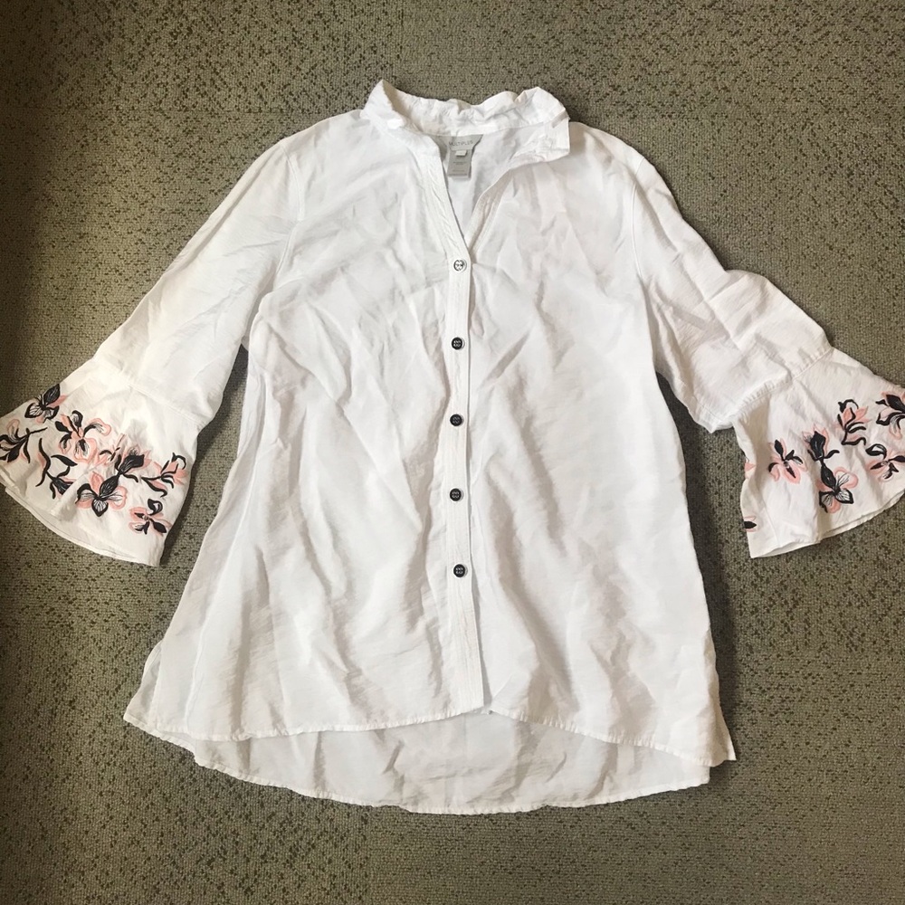 White Button-Front Blouse with Embroidered Bell Sleeves